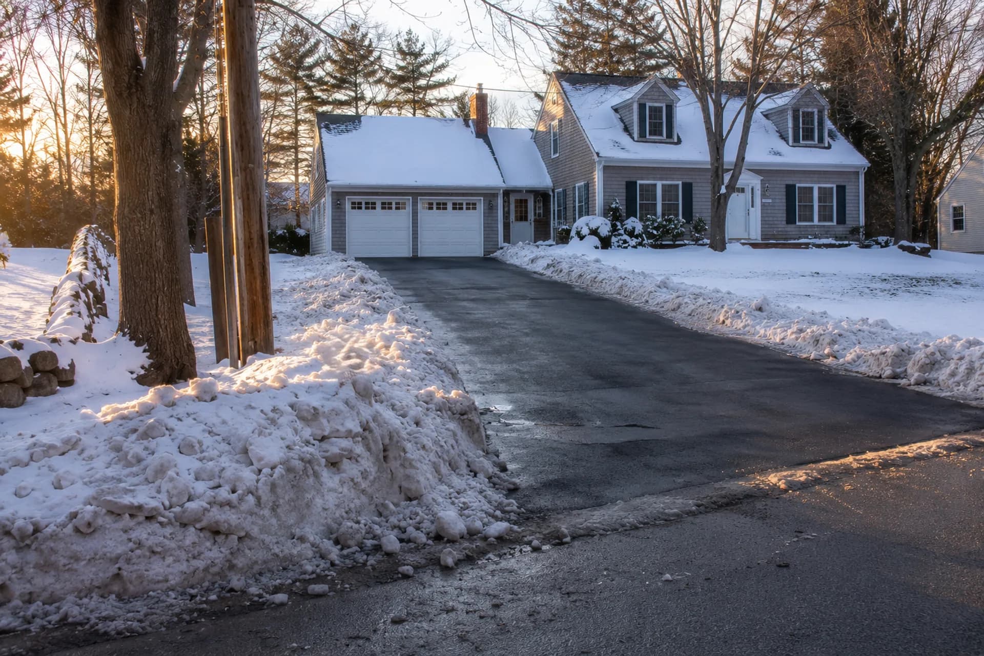 Freshly plowed driveway leading to a Cape Cod home at sunrise